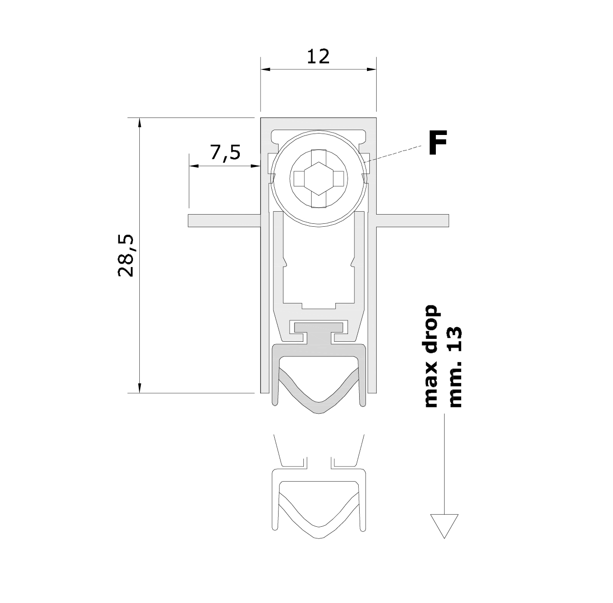 Standard measurements (mm) for drop down seal Basic Series 513
